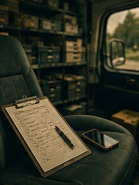 Service van with clipboard and phone