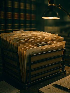 Rack of case files under a lamp