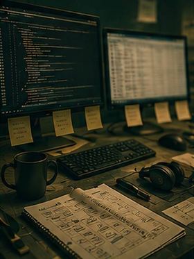 Desk with code and a spreadsheet